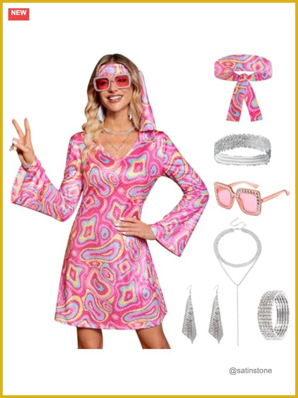 Women's 7pcs Disco Sequin Dress 70s Halloween Costume Outfit
